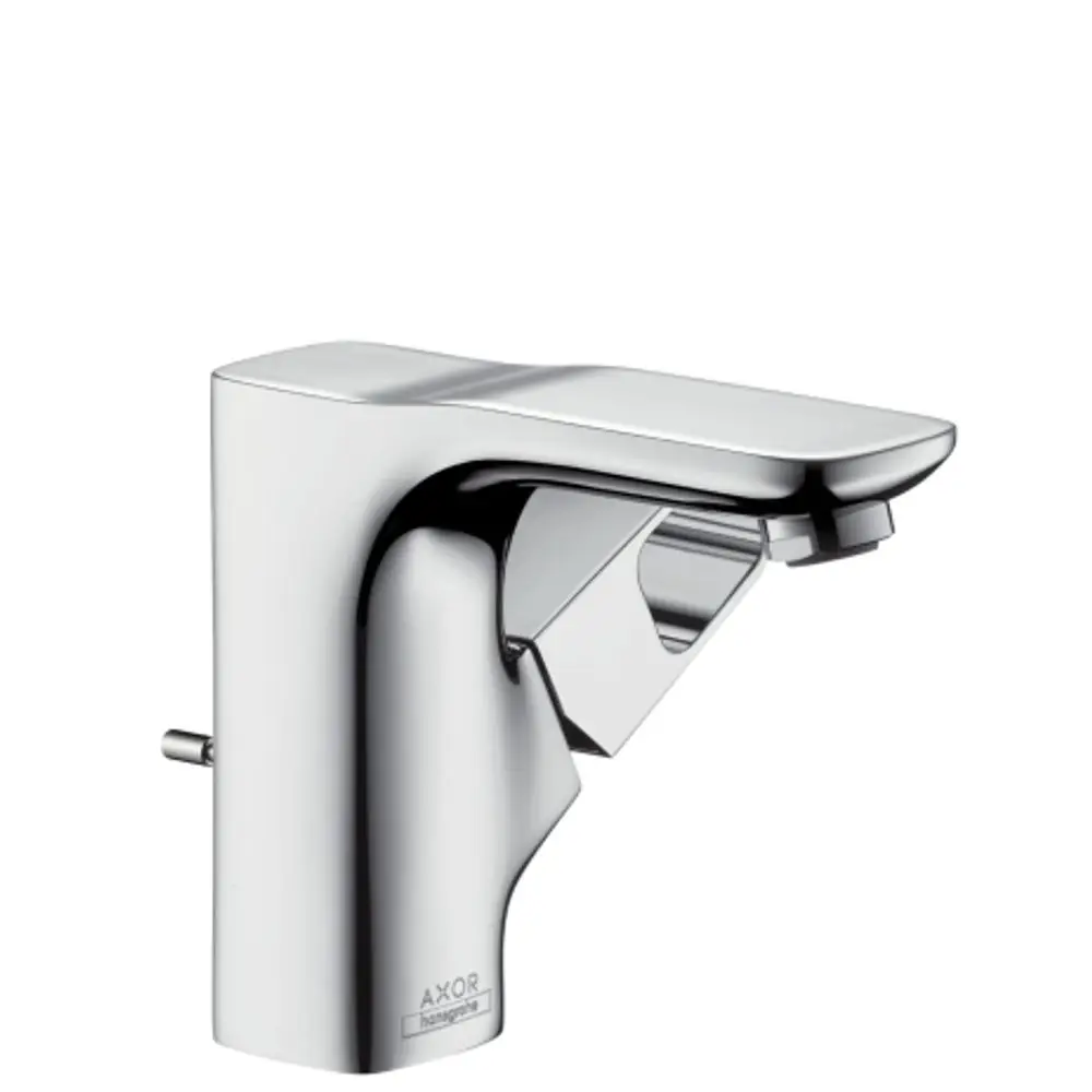 Ein AXOR-Waschtischmischer aus verchromtem Metall mit rechteckigem Design und Hebel zur Wasserregulation. Enthält eine Zugstangen-Ablaufgarnitur.